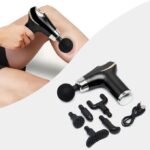 High-resolution photo of CY-008 cordless massage gun with 8 heads showing a person using the device on their leg and attachments.